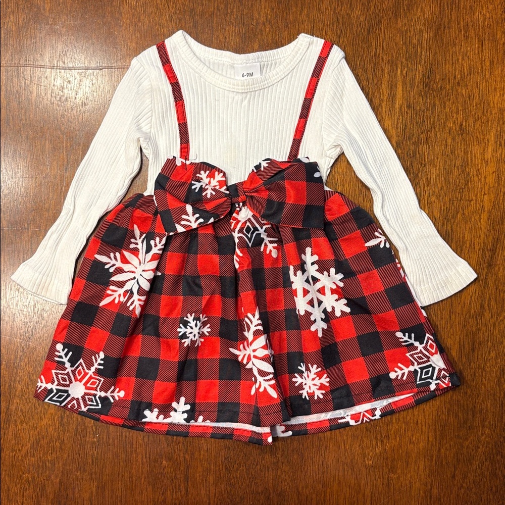 9 Month Girl Red and Black Plaid Snowflake Dress, Christmas